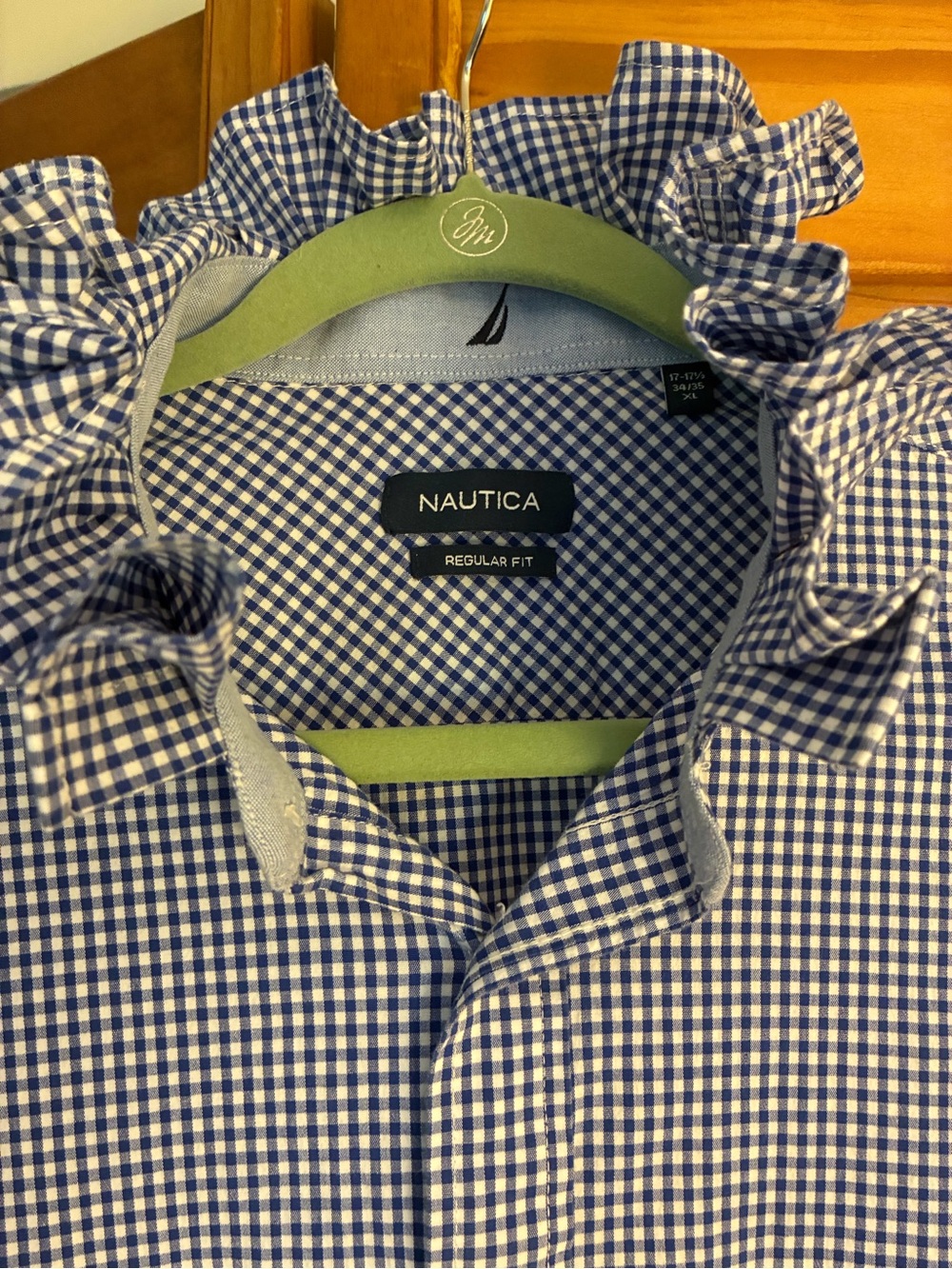 Nautica Blue and White Gingham Button-Down Shirt with Ruffle Collar - Picture 6 of 6